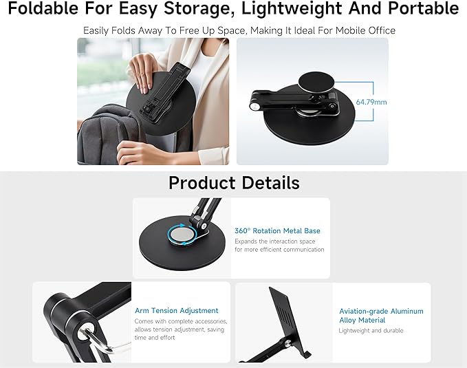 Portable Magnet Monitor Adjustable Stand Magnetic N52 Neodymium, Compatible with 4~18.5inch Monitors, Supports Multi-axis Rotation, Comes with Magnetic Metal Rings, Foldable for Easy Storage