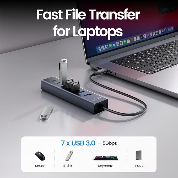 USB C to USB Hub Multiport Adapter, Aluminium 7-Port USB C Hub Multiport Adapter, USB Extenders, USB c Splitter for Thunderbolt, MacBook Pro/Air, Laptop, iPad, iMac, U Flash, PSSD, Keyboard, Mouse