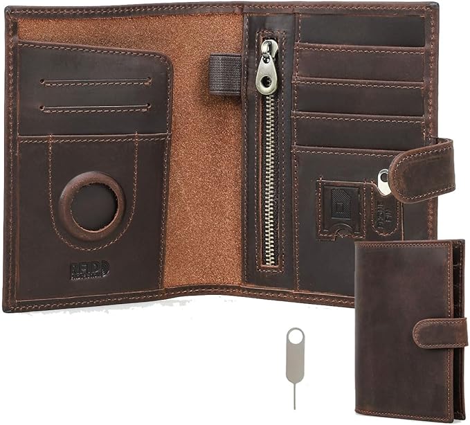 CONTACTS Full Grain Leather Passport Holder Compatible with Airtag Slot RFID Blocking Passport Wallet Travel Slim Passport Cover with SIM Card Removal Tool (Brown)