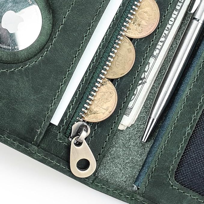 CONTACTS Full Grain Leather Passport Holder RFID Blocking Travel Passport Wallet Compatible with Airtag Passport Cover Case with 4 Cards Slots, Coin Pocket (Green)