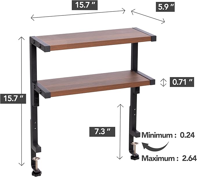 Clamp on Desk Shelf 2-Tier Shelving Unit Table Organizer Above or Under Desk, Storage Tray Desk Workspace Organizers Desktop Storage Table Extender for Office Home (15.7 * 5.9 inch)