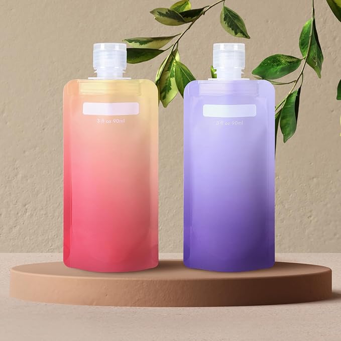PACKISM 15 Pack Travel Pouches for Toiletries - 3 oz Leak Proof TSA Approved Liquid Containers, Squeeze Bags for Shampoo Lotion, Space Saving Refillable Carriers, Gradient Purple Cherry Yellow