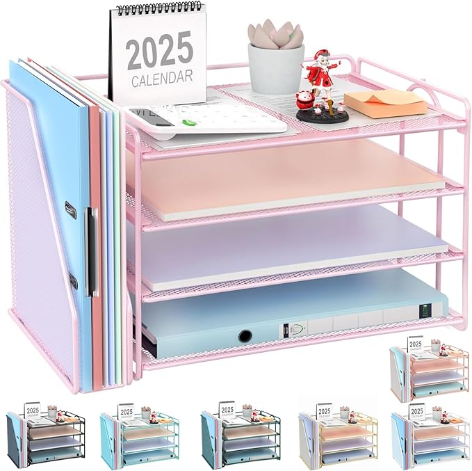 gianotter 4-Tier Paper Organizer With Magazine Holder, Desk Organizers and Accessories, Desk Accessories & Workspace Organizers, File Organizer for Office Supplies Storag (Pink, 4-Tier)