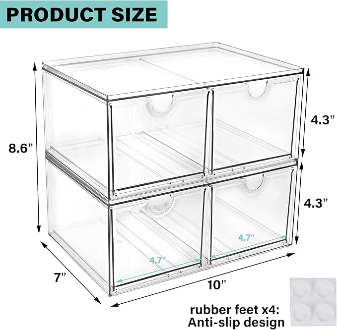 Prsildan Stackable Clear Makeup Organizer, 2 Pack Acrylic Storage Drawers with 4 Drawers for Vanity Bathroom Office Desk Modular Drawer System for Cosmetics Jewelry Toiletries Home Organization