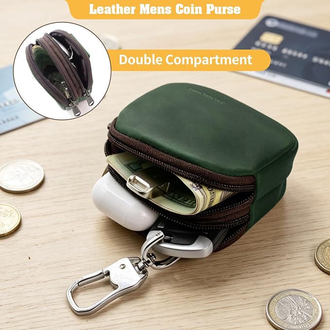 Jack&Chris Coin Purse for Men, Genuine Leather Mini Coin Wallet Zipper Pocket with Back Belt Loop, Coin Bag for Men, Green