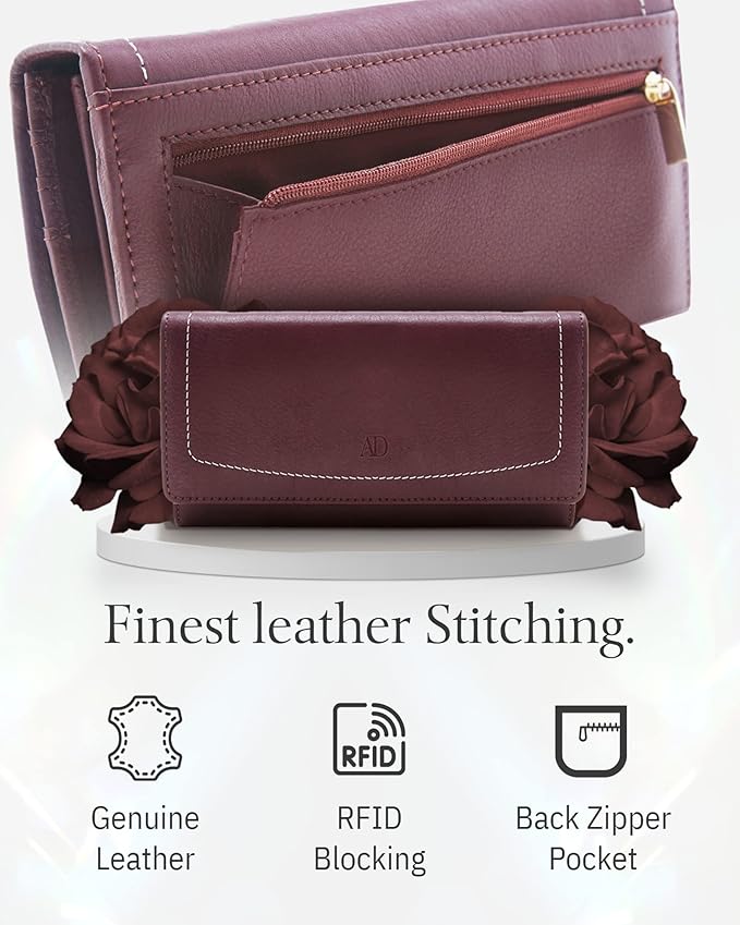 Leather Clutch RFID Wallets For Women - Big Womens Wallet Accordion Purse Organizer Zip Coin Pouch Gifts For Women
