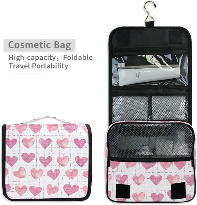 senya Hanging Travel Toiletry Bag Cute Kit Makeup Case Cosmetics Organizer for Men Women (Pink Hearts White Base)