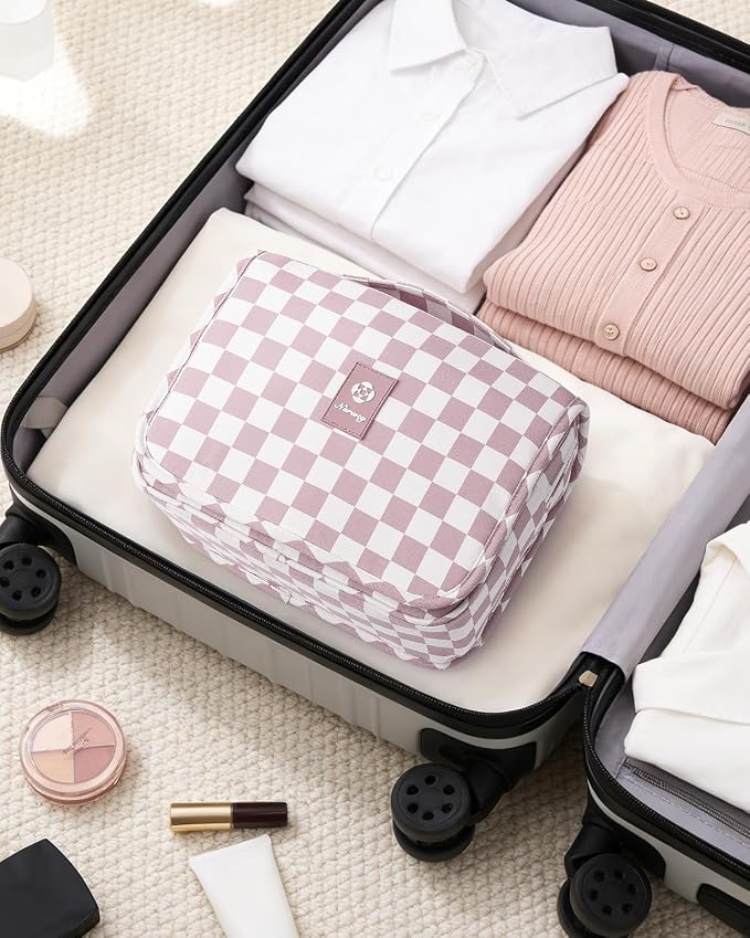 Narwey Small Hanging Travel Toiletry Bag for Traveling Women, Checkered Travel Bag for Toiletries, Makeup Bag Organizer Make Up Cosmetic Bags,Gifts for Kids Teen Girls (Dusty Pink Checkerboard)