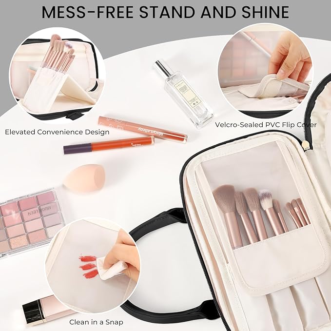 Travel Makeup Bag for Women Fashion Large Capacity Pouch Open Flat Cosmetic Portable Organizer Waterproof Large Opening Storage Toiletry Bags Vertical Free-Standing Brush Holder for Easy Access Black