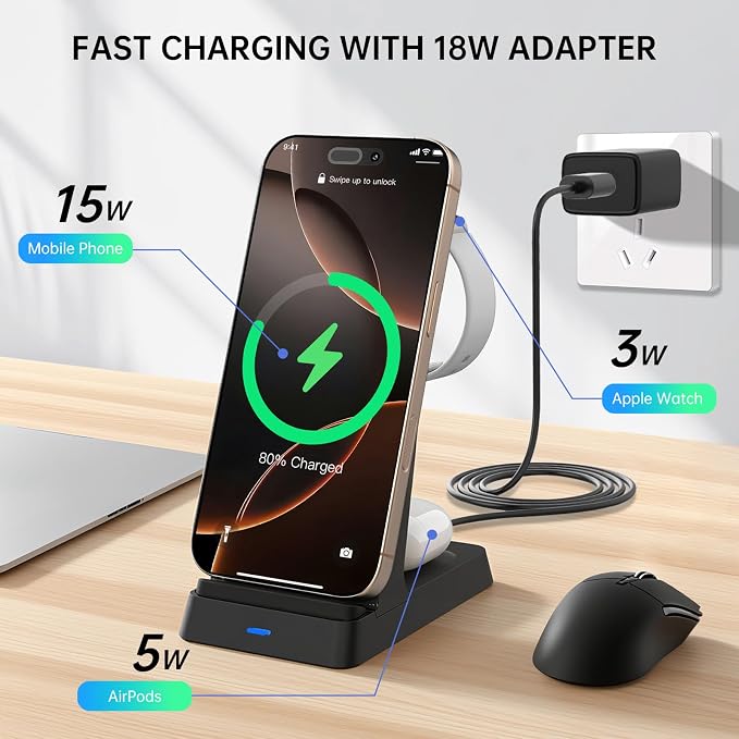 2026 3 in 1 Charging Station Fast Charging for iPhone,Wireless Charger for iPhone 17 16e 16 15 14 13 12 11 X Pro Max & Apple Watch - Wireless Charging Station for AirPods 4 3 2 Pro