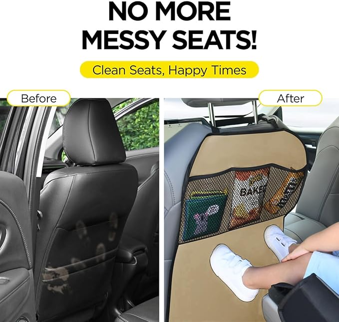 lebogner Back Seat Cover for Kids + 3 Pocket Storage Organizer, 2 Pack Kick Mats Backseat Protector, Car Accessories Waterproof Kick Guard for Vehicles to Protect from Dirt, Mud & Scratches, Beige