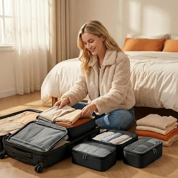 4 Piece Compression Packing Cubes for 3–7 Day Travel, Space Saving Travel Organizers with Breathable Mesh, Double-Zipper Packing Cubes for Carry-On & Suitcases (Black)