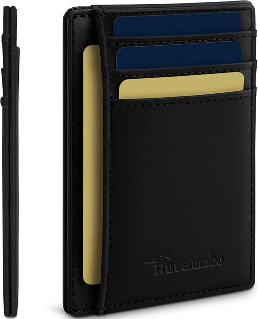 Travelambo 100% Genuine Leather Wallet for Men and Women, Slim Minimalist RFID Blocking Front Pocket Credit Card Holder with Gift Box