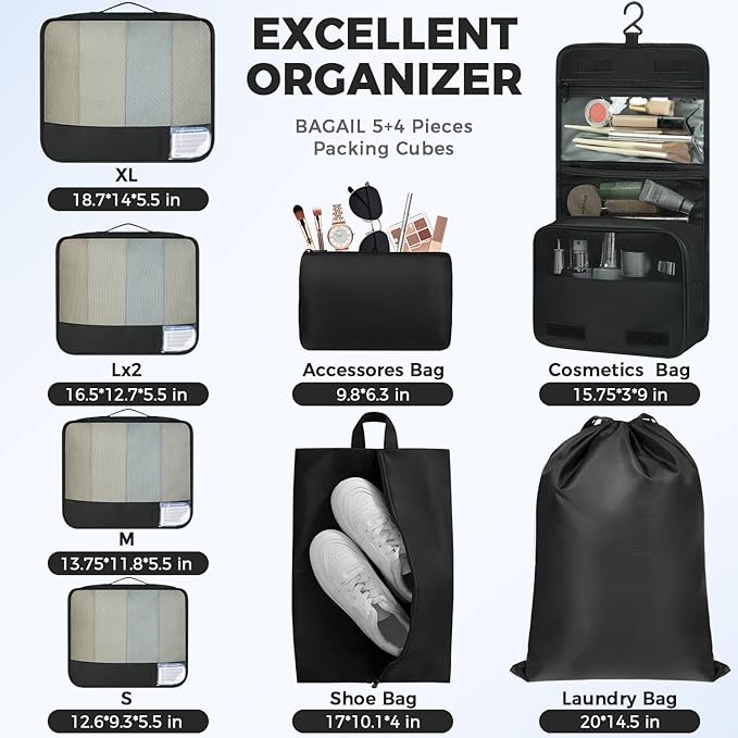 BAGAIL 9 Set Packing Cubes with Packing List Luggage Packing Organizers for Travel Accessories