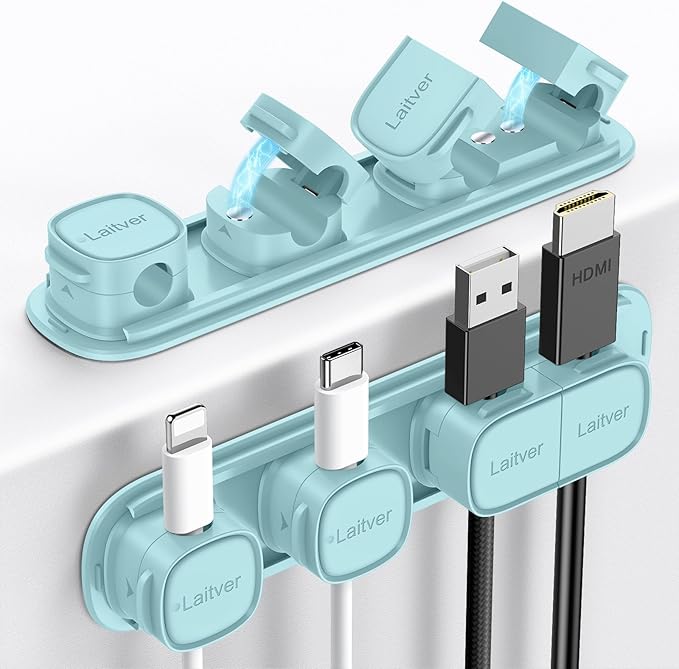6 Pack Magnetic Cable Clips [1s Open/Lock], Laitver Cord Organizer Holder Strong Adhesive Desk Cable Management- Organize Charging Cords Neatly for Home, Office, Car,Desk, Nightstand-Blue