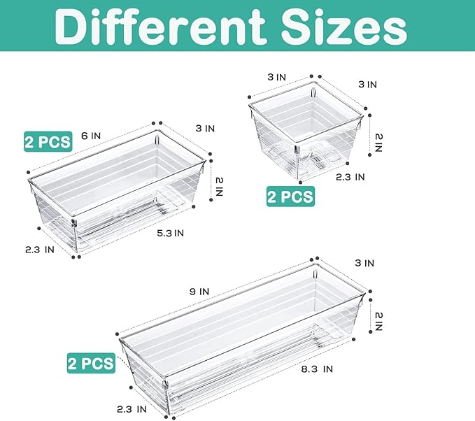 DCA 6 Pack Clear Drawer Organizer, Acrylic Drawer Storage Trays, Storage Bins for Makeup, Cosmetics, Jewelries, Utensils, Gadgets, Office