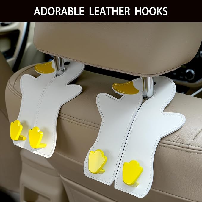 Car Seat Back Hooks - Double Hook Headrest Hanger for Purse, Bags, Groceries & Phone Holder - Universal Fit for Car, SUV, Truck - Heavy Duty Metal & Premium Leather Organizer