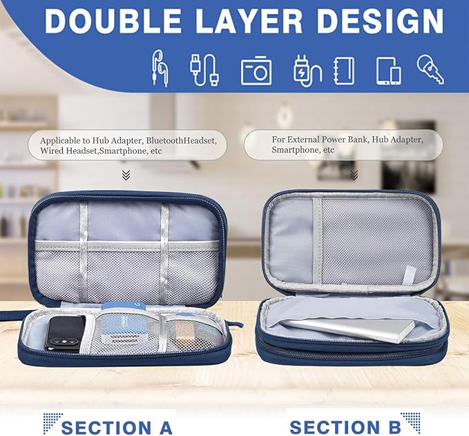 CAAORDKSO Electronic Organizer, Travel Cable Organizer Bag Pouch Electronic Accessories Carry Case Waterproof Electronic Bag for Cable, Cord, Charger, Phone, Power Bank, Earphone (Navy Blue, Medium)