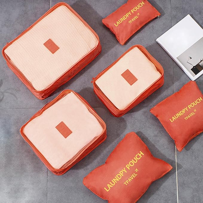 6 Set Packing Cubes for Travel Luggage Packing Bags Reusable Waterproof Suitcase Organizer Bags Set with Shoe Bag and Toiletry Bag (Orange)