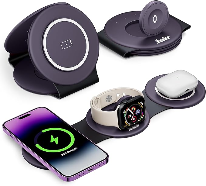 Hicober 3 in 1 Charging Station for Apple Multiple Devices, Foldable Travel Wireless Charger 18W for iPhone Air 17 16 15 14 13 Pro Max Plus &Apple Watch Series/Airpods Purple