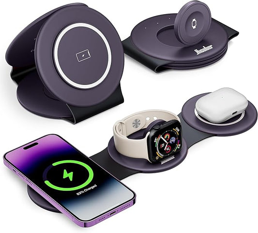 Hicober 3 in 1 Charging Station for Apple Multiple Devices, Foldable Travel Wireless Charger 18W for iPhone Air 17 16 15 14 13 Pro Max Plus &Apple Watch Series/Airpods Purple