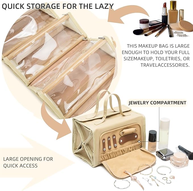 ROYALFAIR Roll Up Makeup Bag, Travel Toiletry Bag for Women with 4 Clear TSA Approved Pouches, Hanging Travel Organizer, Folding Cosmetic Bag for Men and Women (khaki)