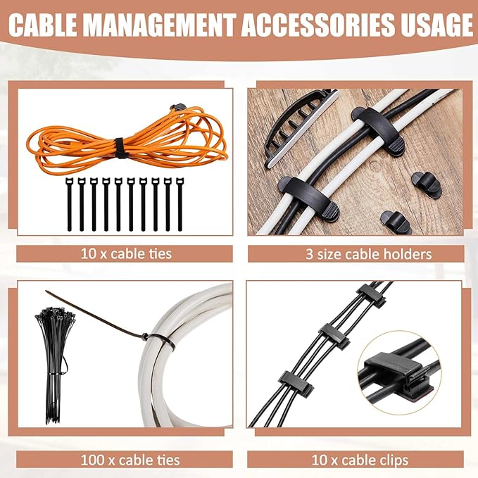 3 Pcs 3 Size Wooden Cable Box Organizer Set with 130 Pcs Cable Management Kit, Desk Cord Hider Cord Holder to Hide Wires Power Strips(Walnut Color)