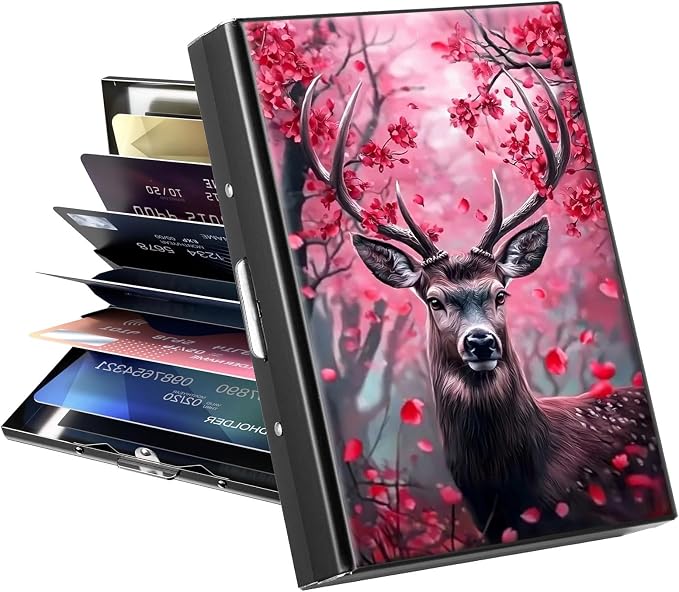 Metal Wallet, Credit Card Holder for Women Men Girls, RFID Blocking Aluminum Wallet Slim Hard Case, Mini Travel Wallet, ID Card Holder Business Card Case,Deer Elk