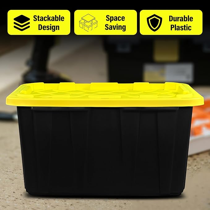 BLACK & YELLOW 27-Gallon Storage Bin with Snap-on Lid, Heavy Duty Plastic Storage Bins with Lid, Stackable, 2 Pack