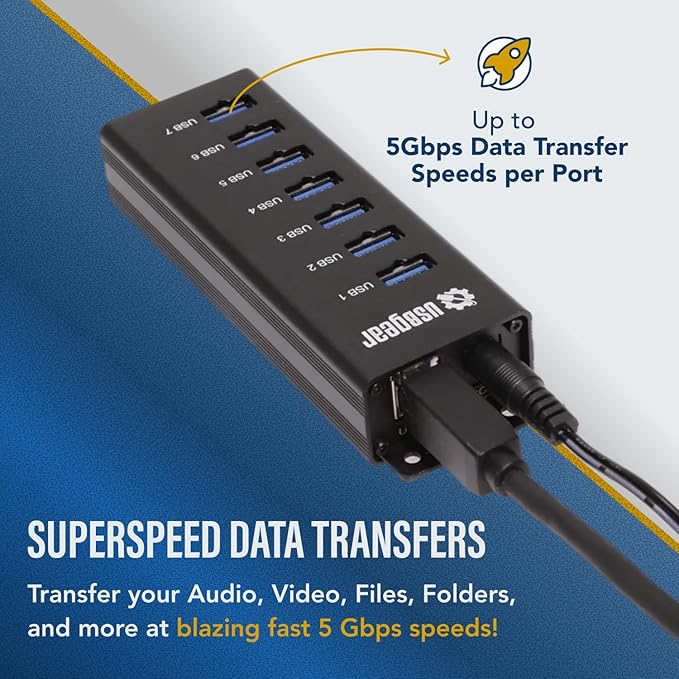 USBGear 7-Port USB Hub 3.2 Gen 1 – Mountable SuperSpeed Data Hub with USB Ports for Laptop, PC, Desktop, and More, 5V/4A Power Adapter with Type-A to Type-B Cable (3ft), Computer Accessories