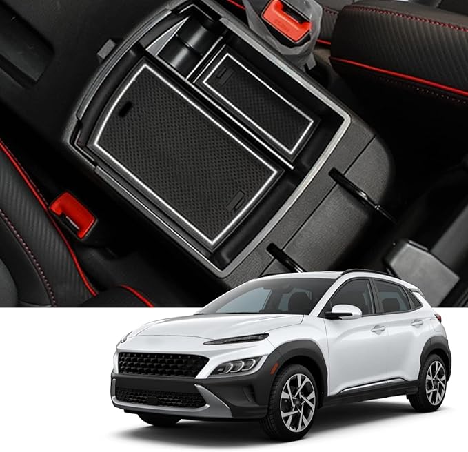 2018-2021 2022 2023 Kona Center Console Organizer for Hyundai Kona, Durable ABS Plastic&Anti-slip Rubber 2022 Kona Console Armrest Tray Insert 2023 Kona Accessories (White Mats)