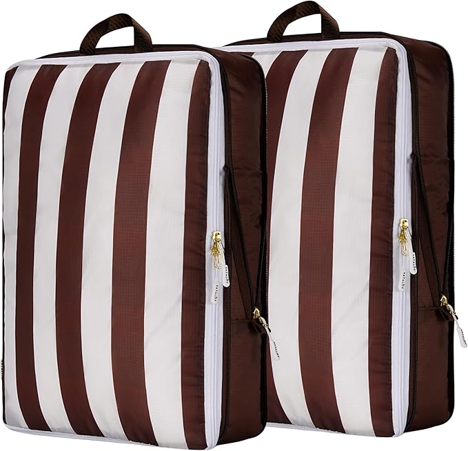 Extra Large Compression Packing Cubes for Checked Luggage, Lightweight Suitcase Organizers & Space Saver Bags - Travel Cubes for Packing - 2pc Set, X-Large - Brown Cabana Stripe