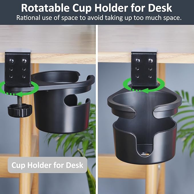 MYITYARD Desk Cup Holder Clamp, Anti-Spill Clip On Table Cup Holder, Rotatable Water Bottle Stand Drink Coffee Mug Storage, Office Accessories for Home and School (Black)