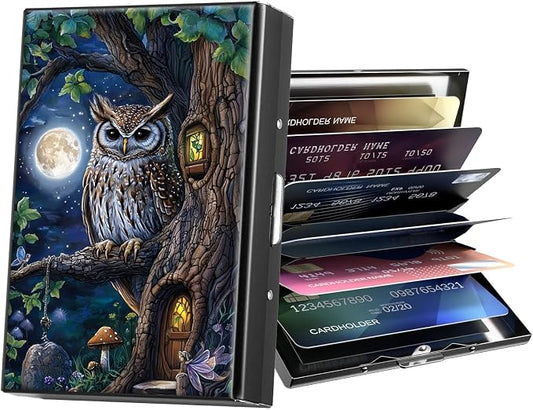 Metal Wallet,Credit Card Holder for Women Men,RFID Blocking Card Holder Wallet Mini Slim Aluminum Wallet ID Case Hard Card Case Business Card Holder Case,Cute Owl Moon