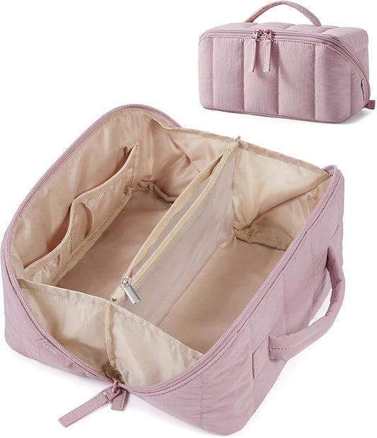 BAGSMART Travel Makeup Bag for Women, Portable Water-resistant Cosmetic Case, Puffy Padded Make Up Organizer Pouch, Open Flat Toiletry Bag for Toiletries, Brushes, Mist Purple
