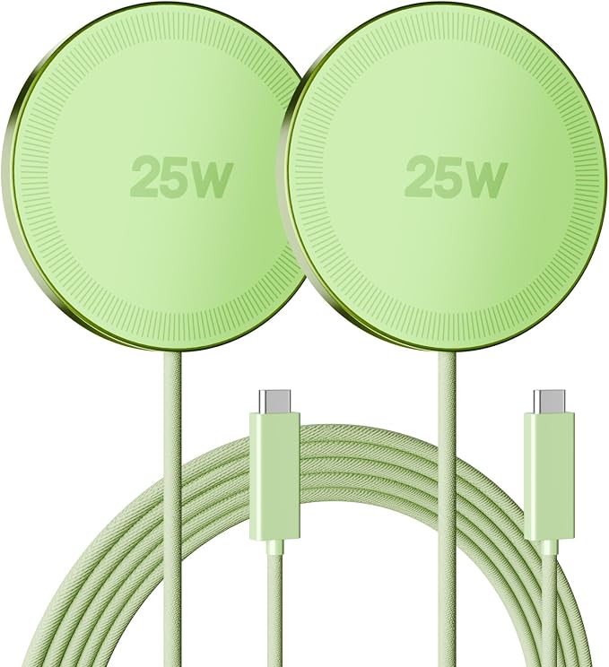 25W Magnetic Wireless Charger: Fast Charging Pad for iPhone 17 16 15 14 13 12 Pro Max, Samsung Galaxy S26 S25, Google Pixel 10, AirPods-Slim Portable for Travel Bedside Office-Light Green 2 Pack