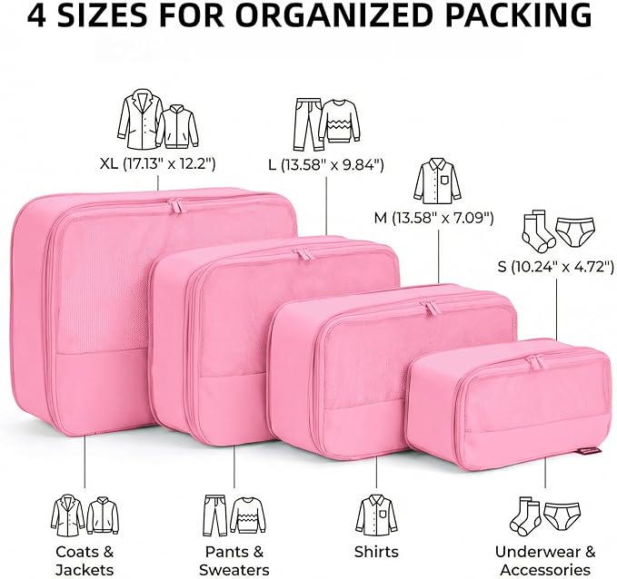 4 Piece Compression Packing Cubes for 3–7 Day Travel, Space Saving Travel Organizers with Breathable Mesh, Double-Zipper Packing Cubes for Carry-On & Suitcases (Petal)