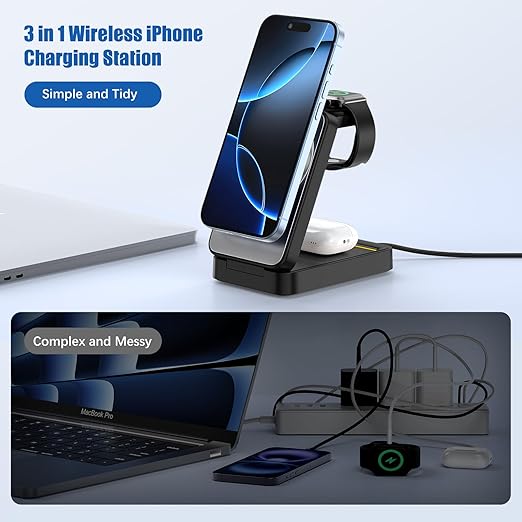 3 in 1 Wireless Charger Station for Multiple Apple Devices, Foldable Magnetic MagSafe Charging Stand, Portable Fast Travel Charger for iPhone 17/16/15/14/13/12/11 Pro Max/Apple Watch Series/Airpods