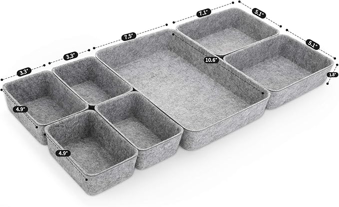 Welaxy Office drawer organizers trays felt storage bin organize dividers Box Dorm Home for stationery craft junk sorting 7-piece sleek minimalist lifestyle (gray)