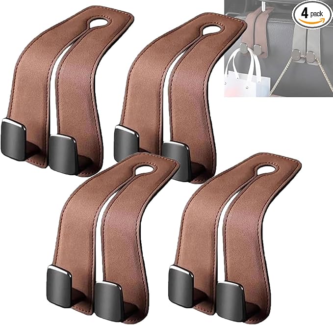 Car Hook Seat Back Storage Hook, Car Seat Back Double Hook, Upgraded 2 in 1 Multifunctional Duty Storage for Auto (Brown*4)