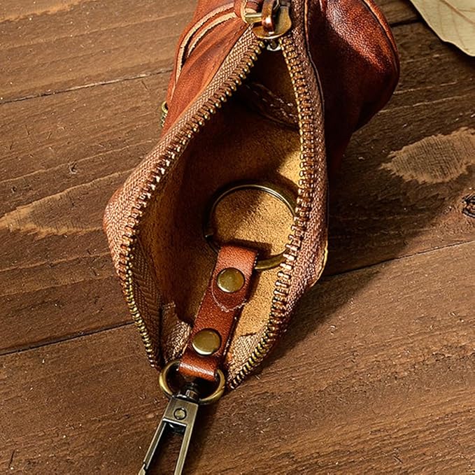 1 Pcs Leather Mini Medieval Pouch Keychain, Coin Organizer, Change Holder,Card Case, Genuine Leather Zipper Storage Bag for Men & Women
