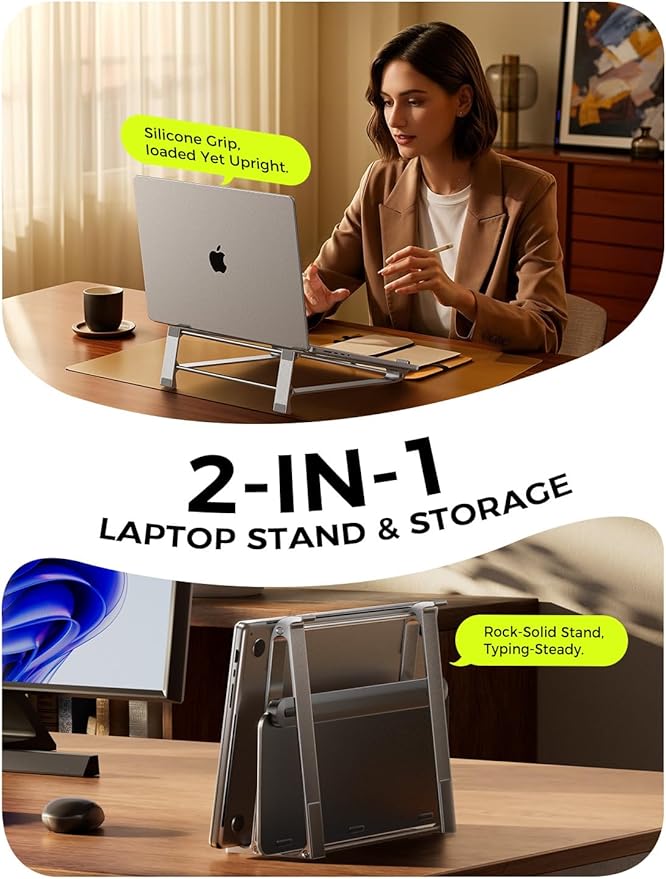 MAGIC JOHN Laptop Stand for Desk, Storage Laptop Riser Portable, Aluminum Ergnomic Computer Stand with Silicone Pads,Cooling & Laptop Holder, Compatible with MacBook Air Pro, HP, Dell, (10-17 Inch)