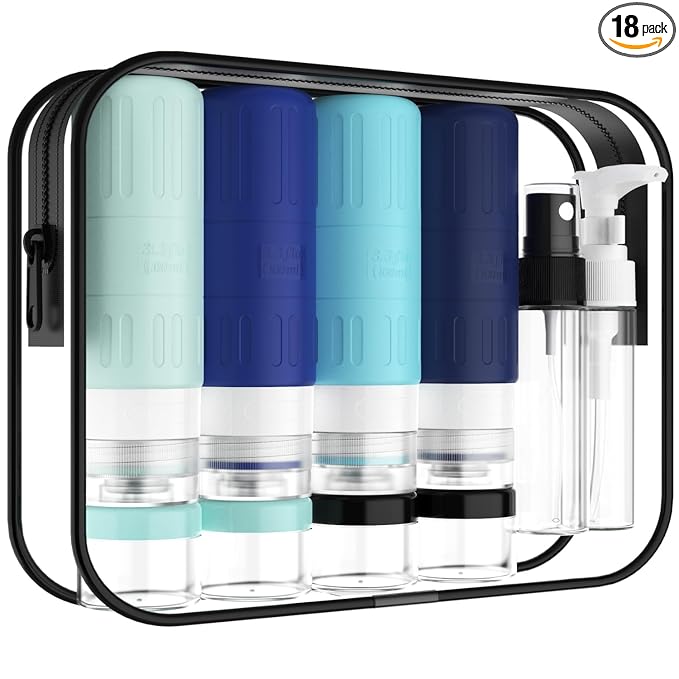 GLAMFIELDS Travel Bottles for Toiletries,TSA Approved 3.3oz Size LeakProof Silicone Toiletry Containers for Shampoo, Conditioner,Easy to Squeeze，Portable Travel Essentials for Lotion(18 Pack) Blue