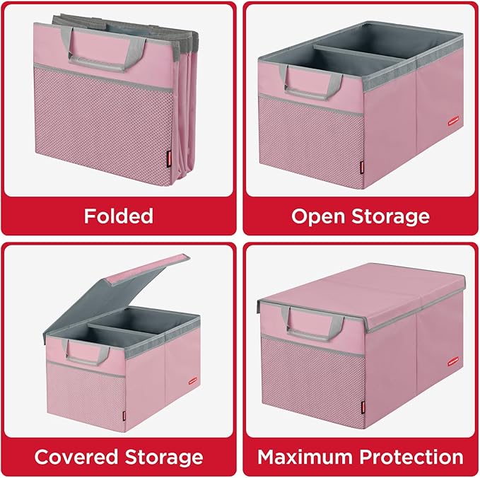 Rubbermaid Car Organizer, Collapsible Trunk Organizer, Multi-Compartment Car Storage Organization for Car Accessories, 2 Compartments With Cover, 21.65"*14.17"*12.2" - Pink