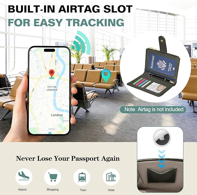 Passport Holder for Travel, Leather Passport Wallet with Airtag Slot, RFID Blocking Travel Wallet for Women Men, Passport Cover with Air Ticket Card Cash Coin Pocket, Travel Essentials Gift