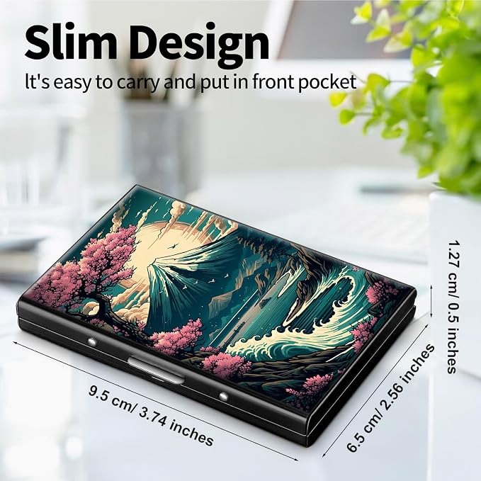 Metal Wallet, Credit Card Holder for Women Men Girls, RFID Blocking Aluminum Wallet Slim Hard Case, Mini Travel Wallet, ID Card Holder Business Card Case,Japanese Cherry Blossom