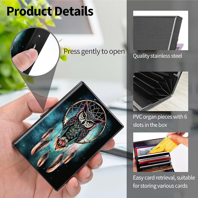 Metal Wallet for Women Men Girls, RFID Blocking Slim Aluminum Credit Card Holder, Mini Travel Wallet with Hard Shell, Lightweight ID & Business Card Case,Owl Dream Catcher