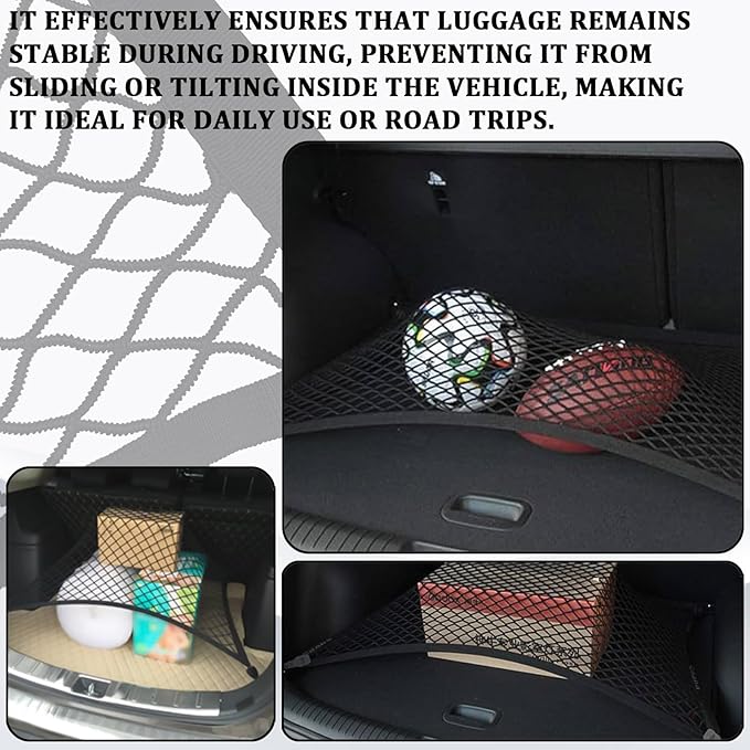 Elastic Cargo Net for SUV Trucks, Ceiling Cargo Net, Adjustable Trunk Mesh Net Organizer 32" X 24" Stretch to 63"X43" with Hooks, Universal Car Rear Trunk Bed Netting Storage Accessories（Black）