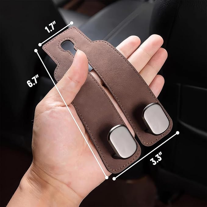 2 Pack Car Hooks for Headrest, Headrest Hooks Car Purse Hook Car Seat Back Storage Hook Premium Leather Car Seat Holder for Headrest Purses and Bags (Brown)
