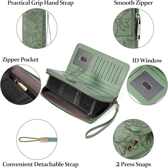 SENDEFN Women's Credit Card Holder RFID Blocking Zip Around Leather Wallet Large Capacity Long Purse with Wristlet
